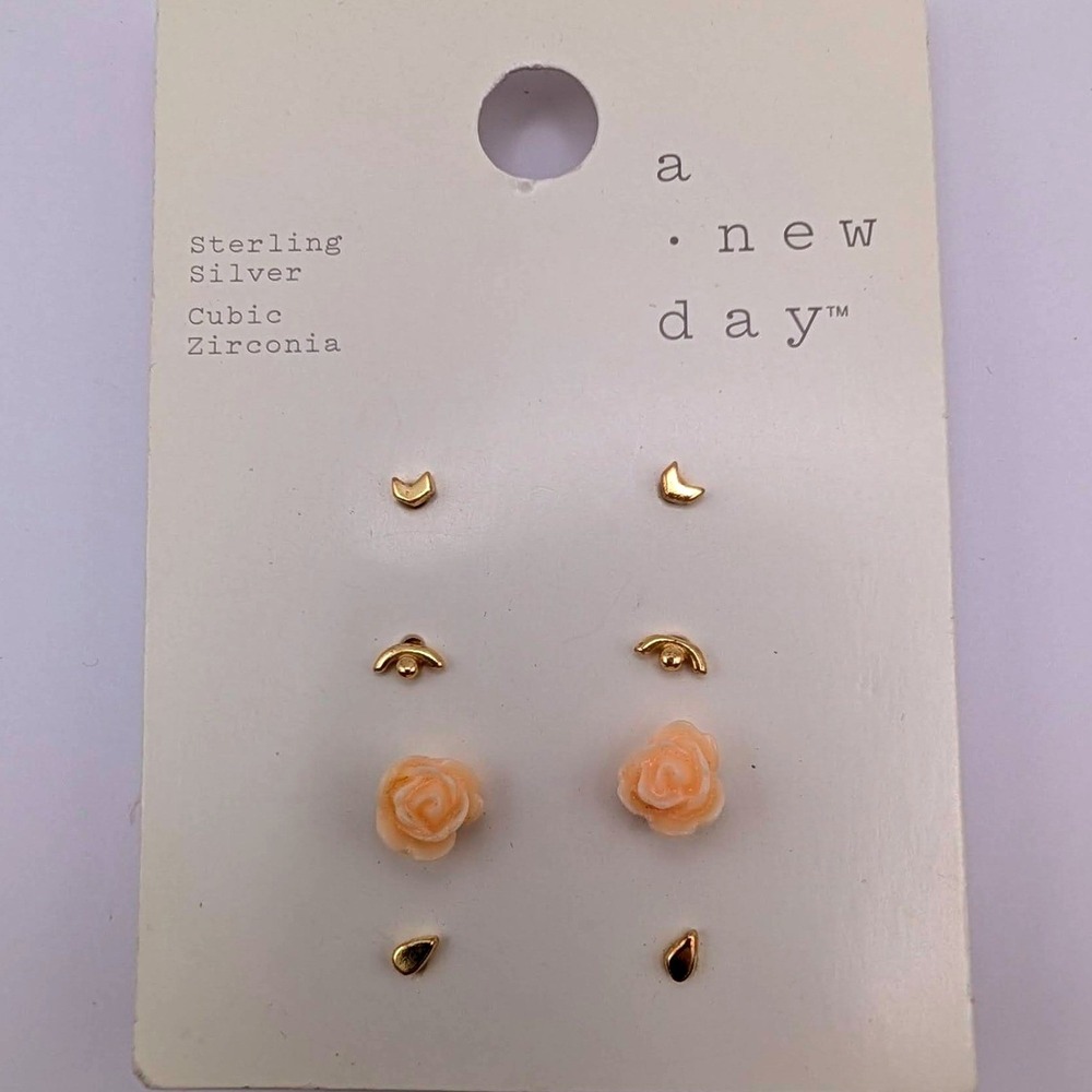 A New Day Sterling Silver Cubic Zirconia Rose Moon Stud Earring NWT 4 Pairs Gold
